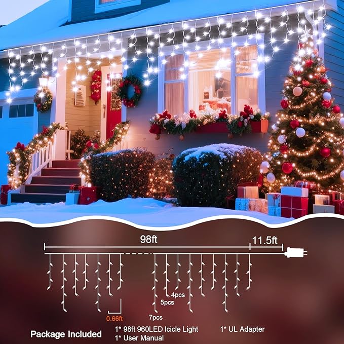 98 Ft Ice Lights for Outside 960 LED Christmas Lights Outdoor Plug in Christmas String Lights with 8 Modes &amp Timer for Holiday Party Wedding House Patio Outdoor Decor(Cool White)