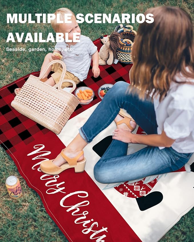 Beach Blanket Waterproof Sandproof OversizedCartoon Christmas Gnome Snowflakes Beach Mat with Corner Stakes Sand PocketsRed and Black Plaid Outdoor Picnic Mat for Travel Camping Hiking 83x79In