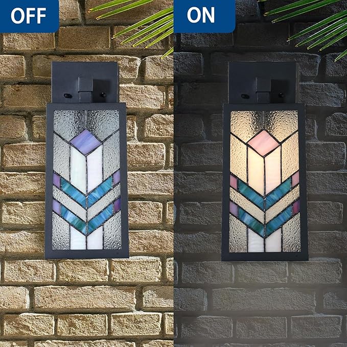 WL0012 Tiffany Style Outdoor Light Fixutres Stained Glass Wall Sconce Exterior Waterproof Wall Lantern Light for Balcony Aisle Hallway W 7X D 6.5 x H 13.5 Inches Bulb Included (Prismara)