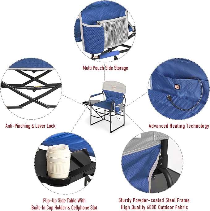 SUNNYFEEL Heated Camping Directors Chair Heavy DutyOversized Portable Folding Chair with Side Table Pocket for Beach FishingTripPicnicLawnConcert Outdoor Foldable Camp Chairs