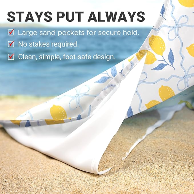 Sunlit Large Beach Blanket Waterproof Sand Proof 81 x106 Sand Free Mat with Corner Pockets and Storage Bag for Travel Beach Camping Outdoor Festival Chic Summer Accent Lemon Lattice