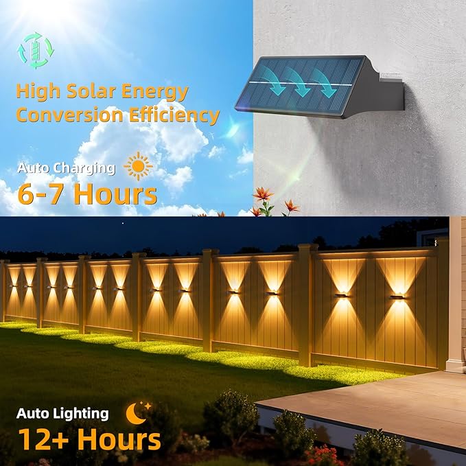 NIORSUN Solar Fence Lights Outdoor 6 Pack Up and Down Waterproof Solar Wall Lights Warm &amp Cool White + RGB Fence Lights with Lens Dusk to Dawn Lighting for Patio Backyard Pool Railing (Blac