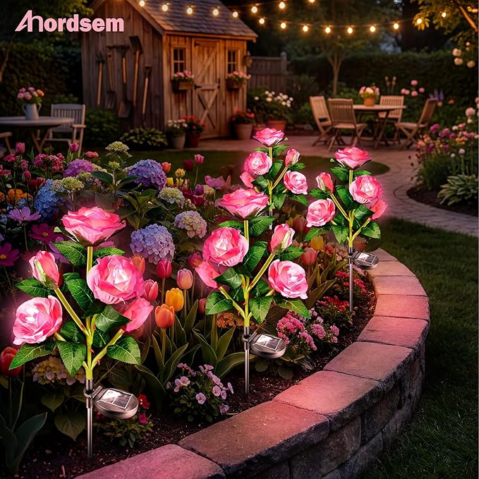 Anordsem Solar Garden Lights Outdoor: 20 Waterproof Fabric Roses 4 Pack - Pink LED Flower Decorations for Yard Patio Path Cemetery Grave - Birthday Gifts for Women Mom Wife
