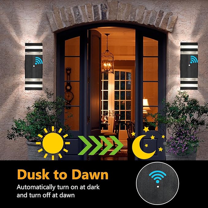 tewei 6 Pack Dusk to Dawn Outdoor Lighting Modern Black Exterior Light Fixtures 2-Layer Up and Down Outside Wall Lights IP65 Waterproof Outdoor Sconces Lighting for Porch Garage 3000K