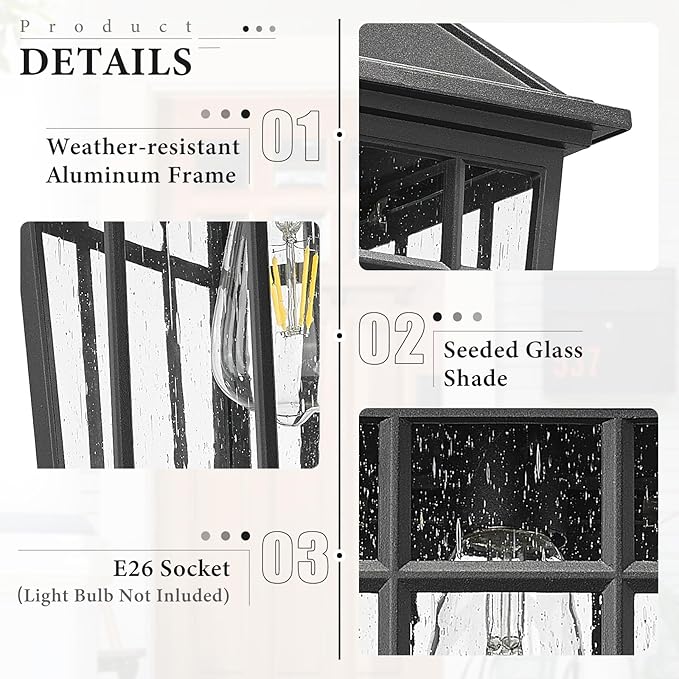 Darkaway Large Outdoor Wall Lights for House 18inch Exterior Lighting Fixtures Wall Mount Outdoor Porch Lights Waterproof Black Outdoor Sconce Lights with Seeded Glass for Patio Hallway Garage