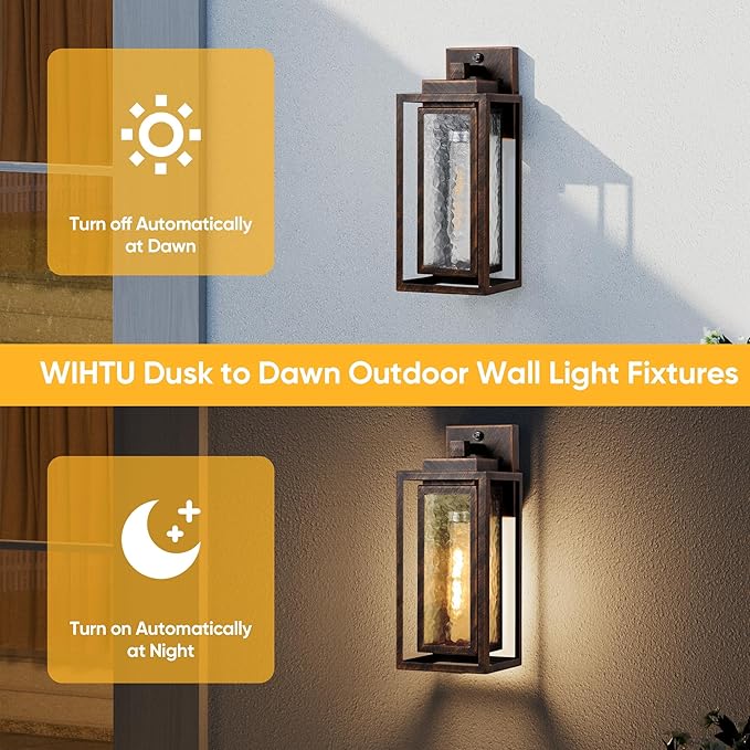 Dusk to Dawn Outdoor Wall Lantern Water Ripple Exterior Porch Light Fixture Black Gold 2 Pack Sensor Outside Lantern Lamp Porch Mount Lamp for Doorway Waterproof Wall Sconce Light (Bulb Included)