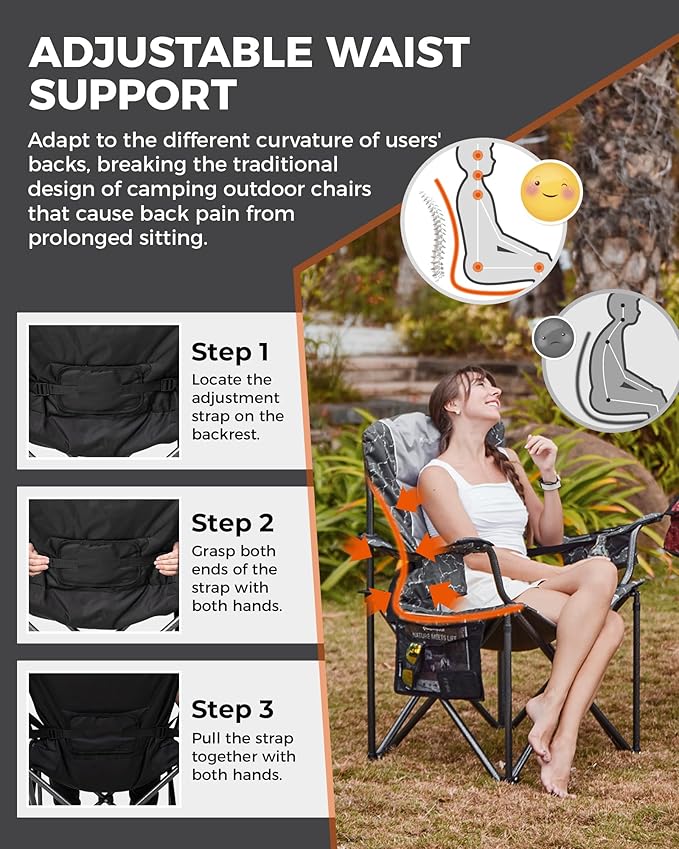 KingCamp Oversized Camping Folding Chair Heavy Duty 450 LBS with Lumbar Support Padded seat with Cup Holder&ampCooler Bag Ideal for Camp Fishing Sports Event Backyard Patio Lawn