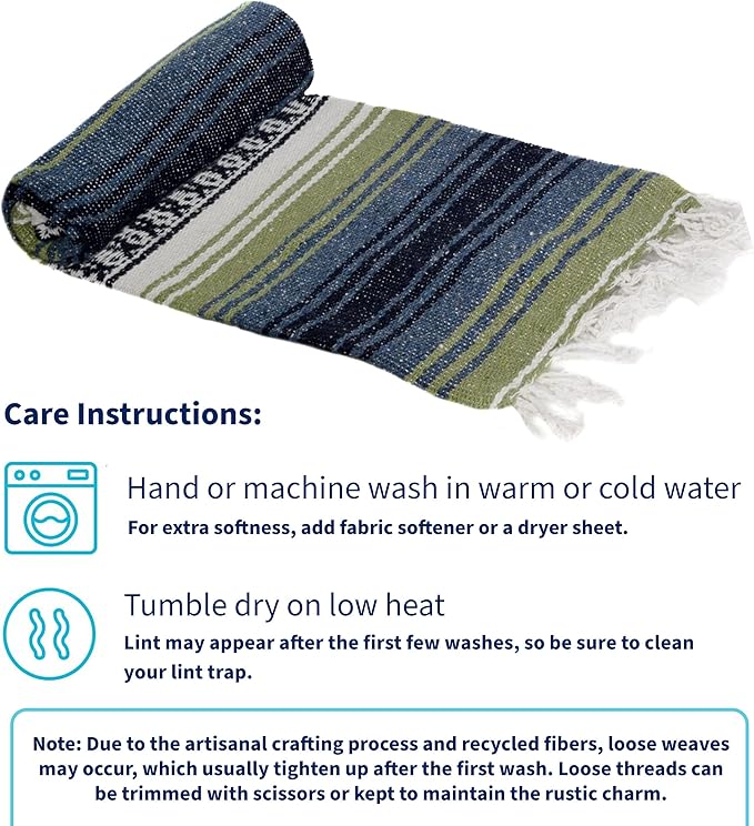 La Montana Mexican Blankets and Throws 4 Pack 74x50 - Made in Mexico Lightweight Yoga Blanket for Schools Studios Outdoors Camping Picnic Decor - Washable Light Olive/Slate Blue/White