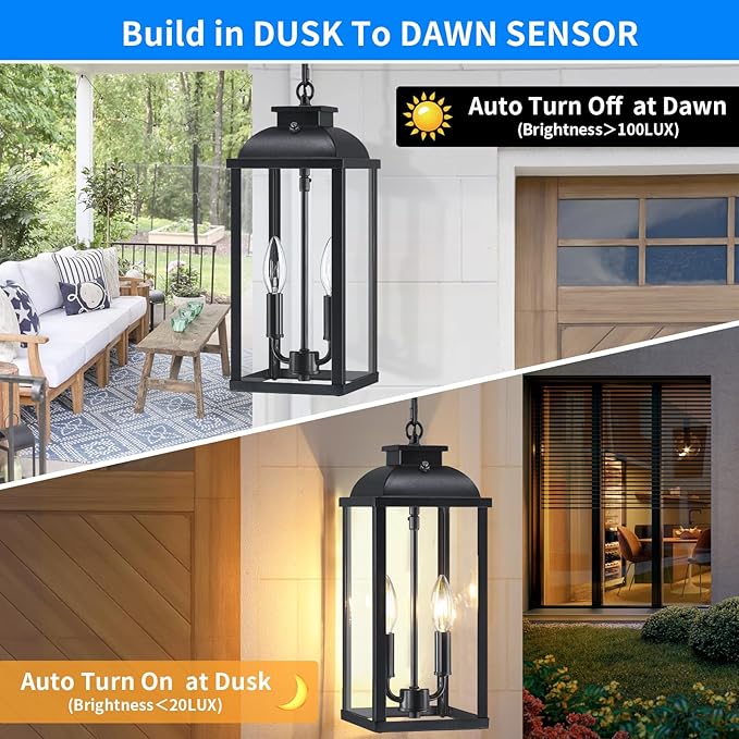Large Outdoor Pendant Light 2-Light 15.8 Dusk to Dawn Exterior Hanging Lights Fixture with Clear Glass Modern Black Outdoor Chandelier for Gazebo Porch Patio Front Door