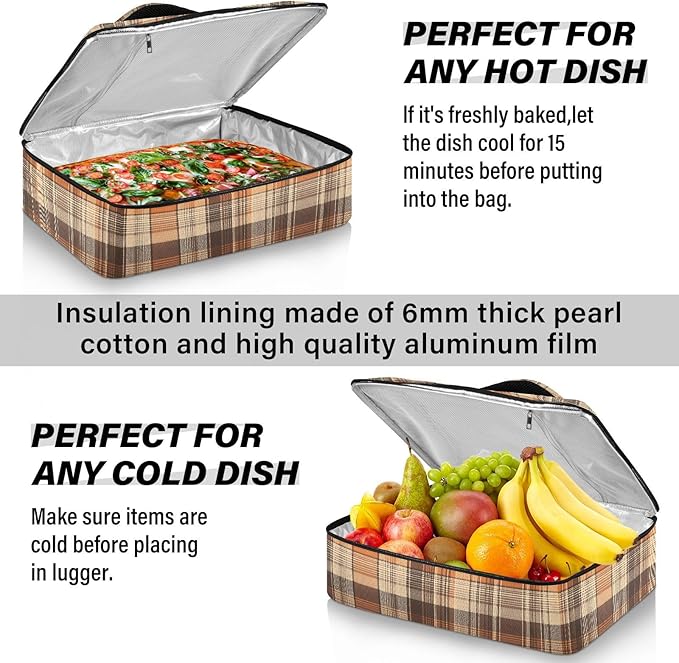 Casserole Carrier Brown Orange Tartan Pattern Insulated Casserole Carrier for Hot or Cold Food Thermal Lunch Tote for Parties Picnic Travel Carry Bag