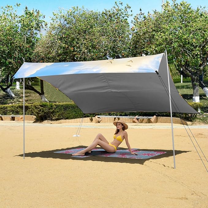 Bolaz Beach Canopy Tent Sun Shade9'×10.5' Large Family Beach Shade UPF50+- Outdoor Shade for Camping Trips FishingSunflower Field Wooden Fence