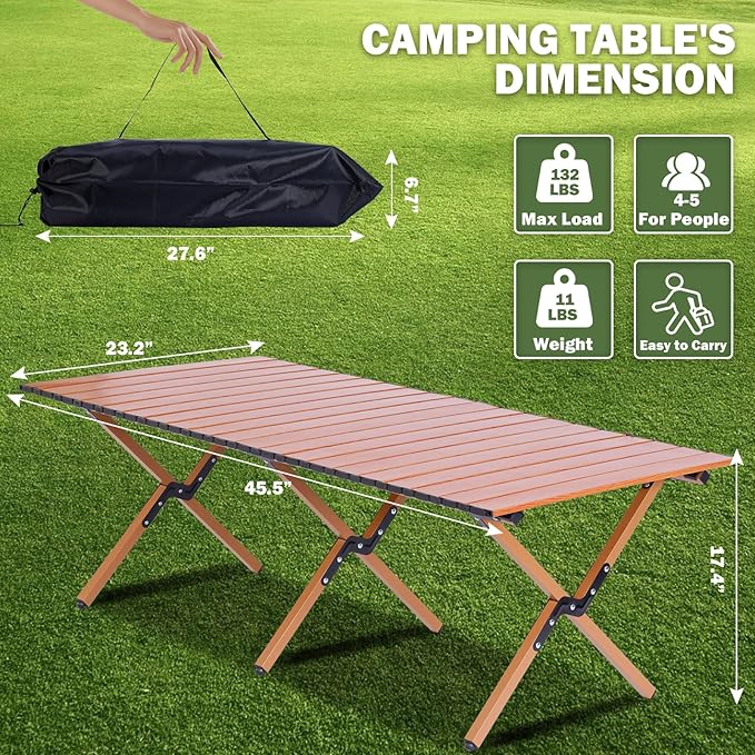 Camping Table Folding 132 lbs Capacity &amp 11 lbs Lightweight 45.5x23.2 Inch Portable Roll Up Low Picnic Table with Carry Bag for 4-6 Person Beach Backyard BBQ Camping