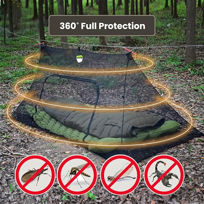 Onewind Camping Mosquito Net for Cot Shelter Bugnet Camping Screen Room Ultralight No-See-Um Breathable Mesh Bugnet Mosquito Netting with Double Sided Zipper Black