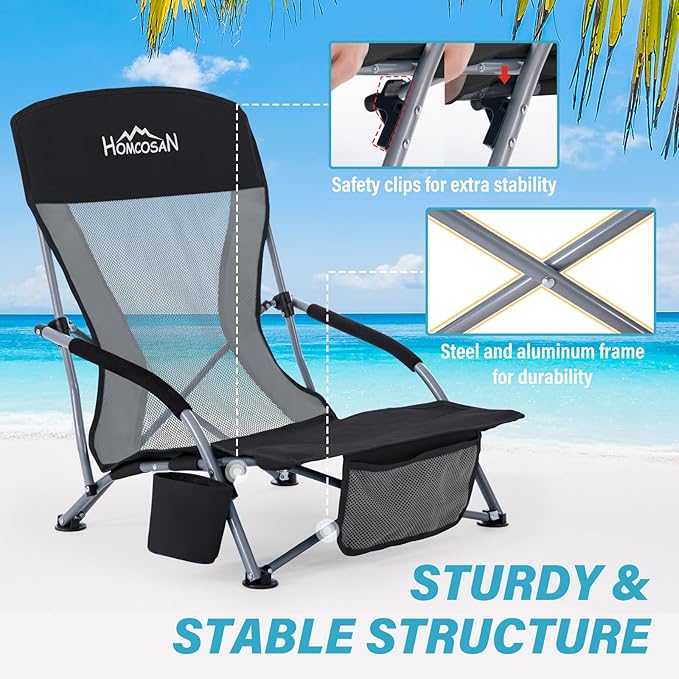 Homcosan Portable Low Folding Beach Chair - Lightweight Camping Chair for Adults with Cup Holder &amp Storage Pocket Carry Bag Included (Black &amp Gray)