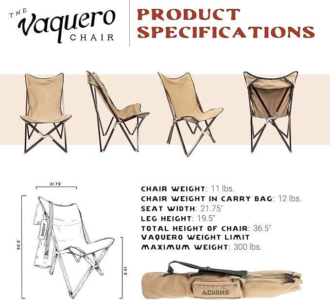 CHAMA Vaquero Chair &amp Travel Bag - Wheat and Pine- Beautiful Outdoor Wood and Canvas Portable Folding Chair Ideal for Camping Patios Lawns or Indoor Use - Supports 300 lbs