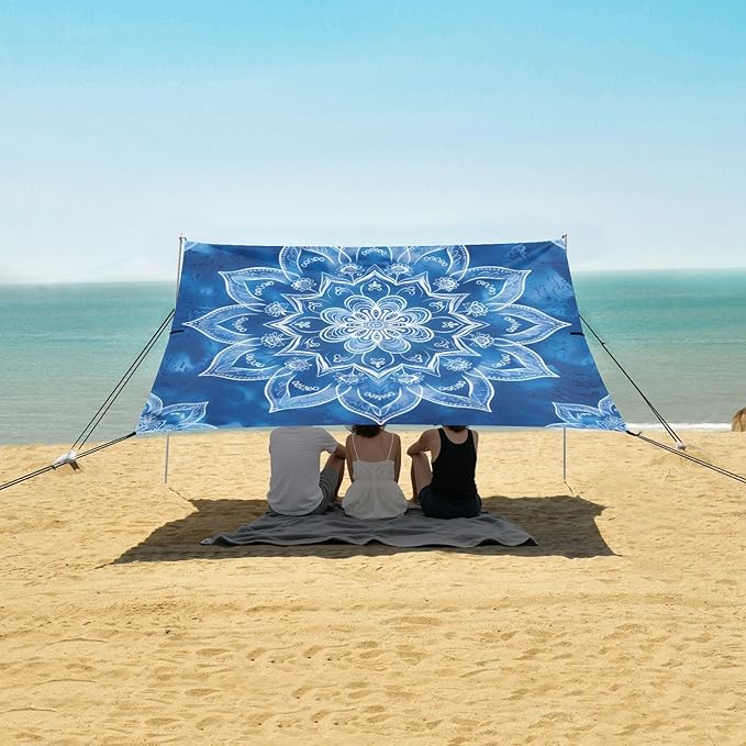 Blue Mandala Pattern Beach Tent Sun Shelter 9.2' x 10.5' Beach Canopy with 4 Sandbags 4 Stability Poles Sand Shovels - Tent Canopy for Beach Camping Fishing Picnics