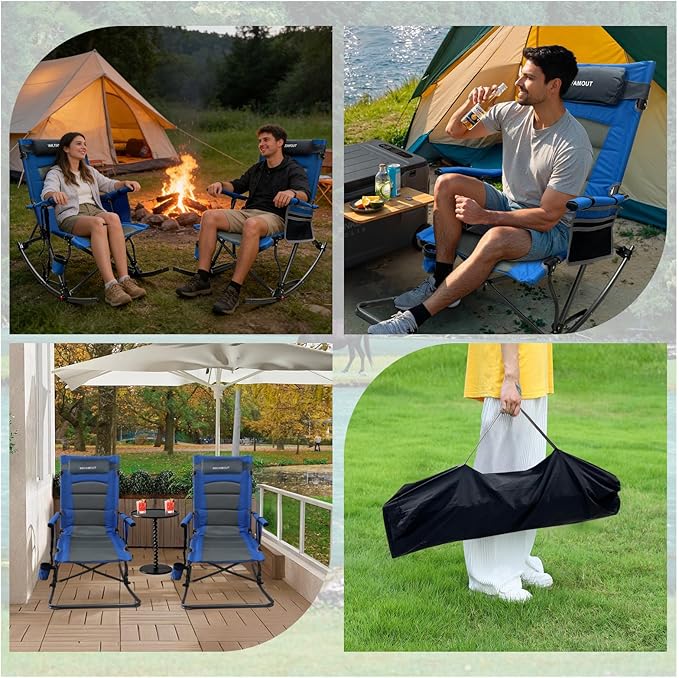 13.8 High Seat Rocking Camping Chair Outdoor with Foot Rest &amp Headrest Oversized Folding Rocker Chair with Carry Bag for Lawn Patio Supports 300 lbs
