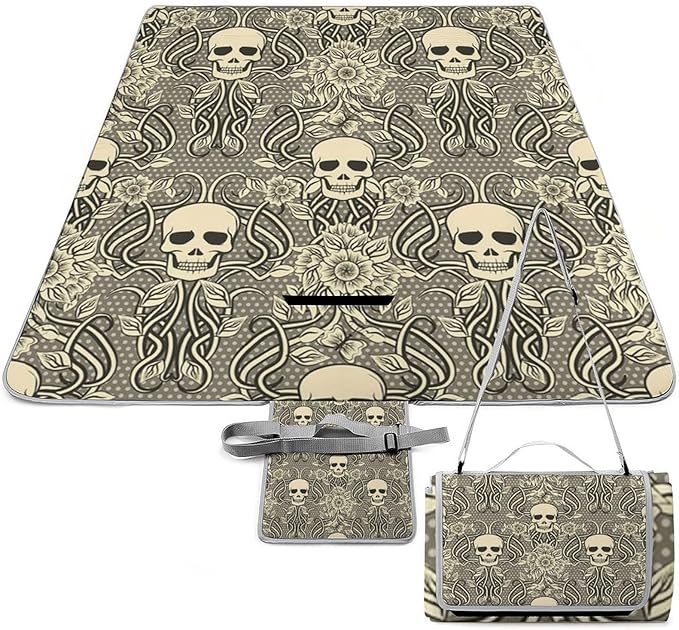 Vintage Halloween Black Victorian Gothic Skull Damask Waterproof Outdoor Picnic Blanket Sandproof Beach Mat for Camping Hiking Grass Travelling