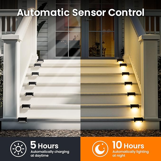 Solar Deck Lights Outdoor 16 Pack Black Solar Step Lights Waterproof Led Light for Outside Stair Fence Yard Garden Patio and Pathway(Warm White)