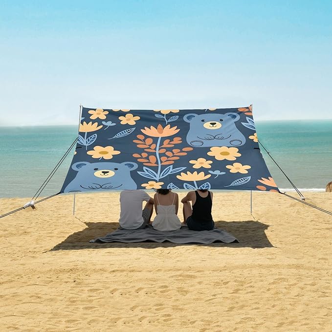 Bear and Flower Camping Sun Shelter Beach Tent Portable Beach Sun Shade Outdoor Canopy for Camping Trips Fishing Picnic