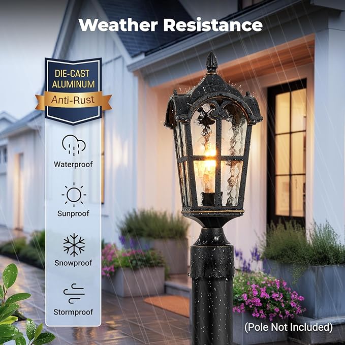 VIANIS Dusk to Dawn Outdoor Post Light Black 1-Pack Lamp Posts Outdoor Lighting with Pier Mount Base Waterproof Aluminum Outside Post Lights for Garden Patio Pathway (Hardwired 120VAC)