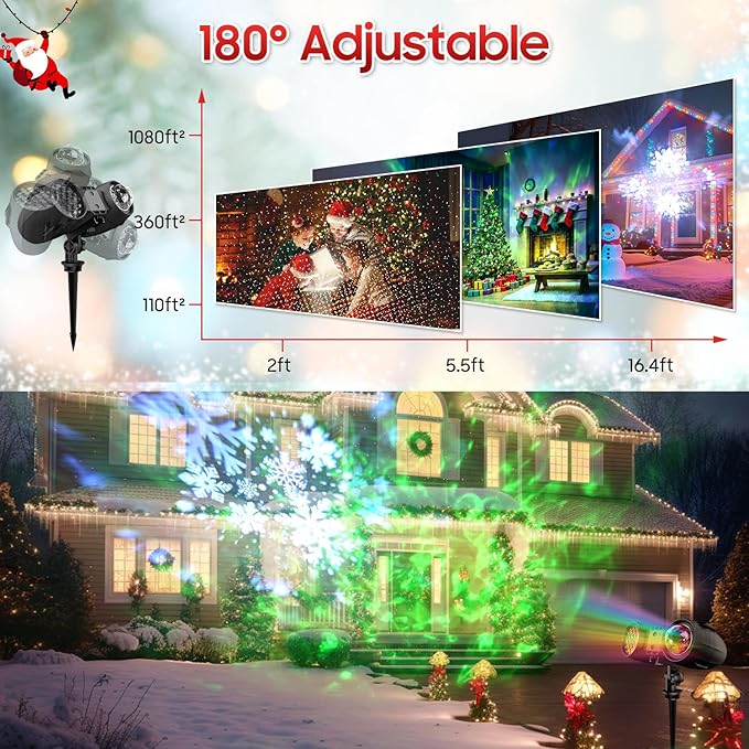 3-in-1 Christmas Projector Lights Outdoor Dynamic Snowflakes + Ocean Wave Water Pattern + Red/Green Laser Light Show IP65 Waterproof Remote Projector for Yard Holiday Decor