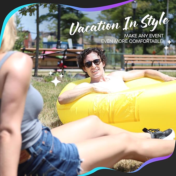 Nevlers Yellow Inflatable Lounger | 210T Polyester Air Couch | No-Pump Blow Up Chair | Inflatable Chair w/ 450lbs. Cap. Pockets &amp Matching Bag | for Use as Outdoor Inflatable Couch for Adults &am