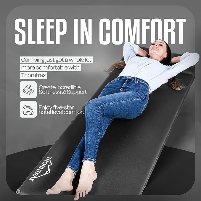 Throntrax Camping Sleeping Pad - Ultralight Camping Mat with Pillow Built-in - 3.1 Thick | Self-Inflating &amp Suitable for All Seasons - Compact Sleeping Pad for Camping - Grey