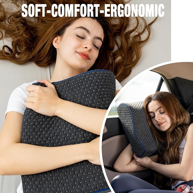 Travel &amp Camping Comfortable Memory Foam Pillow – Easy to Carry Portable Bag – Temperature Regulating Pillow Case - Perfect for Travelling (Grey Contour II)