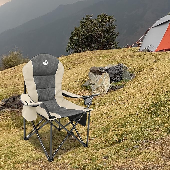 Northroad Oversized Portable Camping Chair Full Padded Outdoor Folding Chair Support 350 LBS Heavy Duty Lawn Chair with Cup Holder Cooler Bag Lumbar Support Head Pocket for Adult-Beige