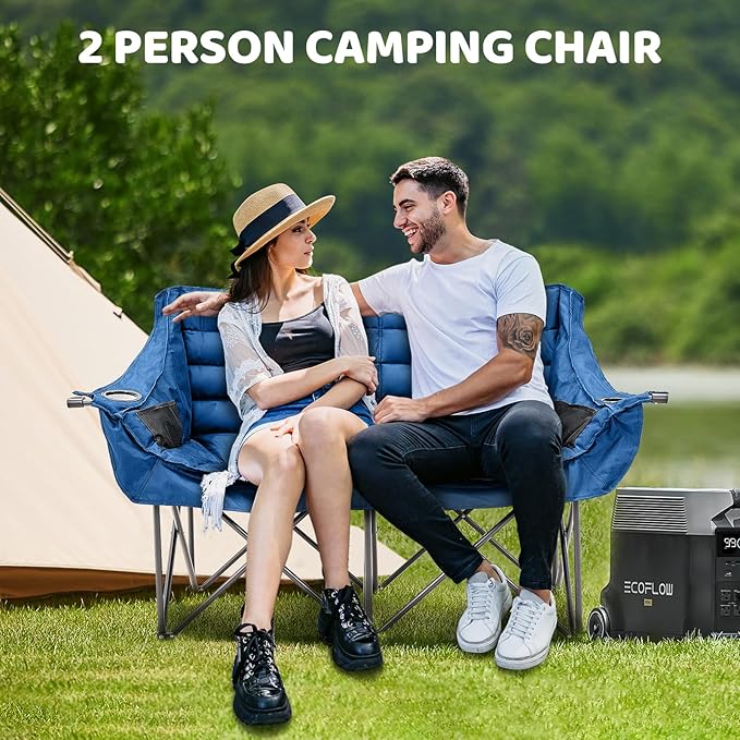 Double Camping Chair for Adults 2 Person Loveseat Camping Chair with Cup &amp Wine Glass Holder Portable Padded Double Folding Lawn Chair for Outdoor Camp Picnic Sports Support 500LBS (Blue)