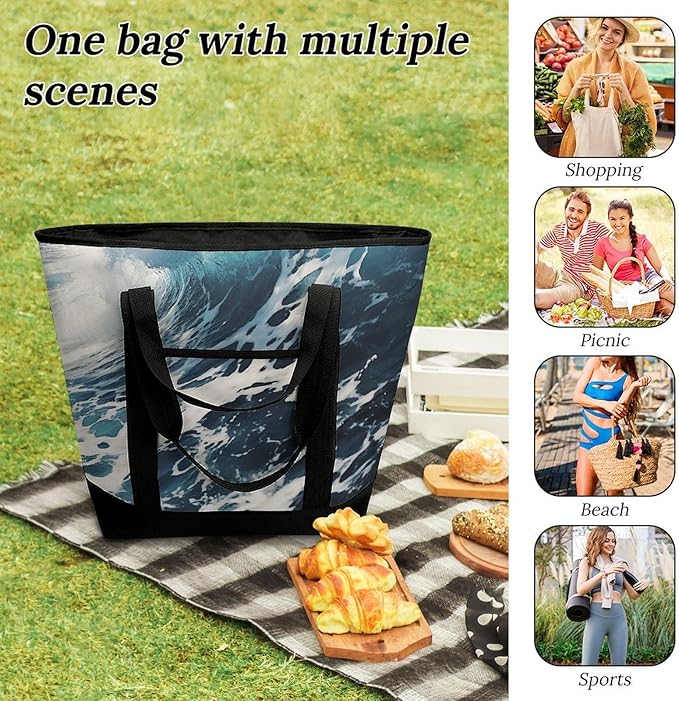 Insulated Shopping BagLarge Reusable Cooler Bags Beach Foam Wave Printed Foldable Shopping BagTravel Waterproof Shoulder Bag