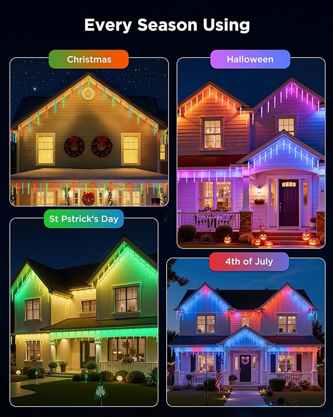 Brightown Smart Icicle Lights for Outside 62.4ft with 40 Tubes 200 LED Color Changing Icicle Christmas Lights Decoration APP Controlled Customize Display DIY Dynamic Waterproof Connectable