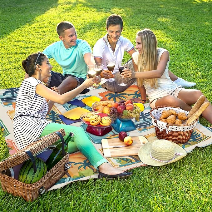 Waterproof Sandproof Beach Blanket 59''×68'' Scenery Mountains Stamps Polyester Outdoor Picnic Blanket with 4 Stakes &amp Storage Bag for BeachCampingVacation White