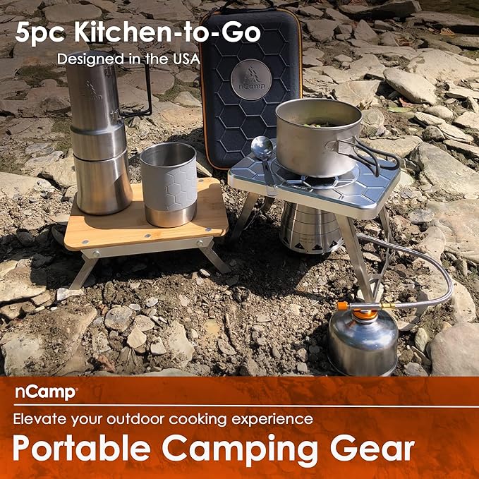 nCamp Kitchen to Go 5 Piece Bundle Portable Compact Multi-Fuel Burning Camping Stove ISO Propane Adapter Elevated Bamboo Cutting Board Prep Surface Cafe Coffee Maker Carrying Bag For Camping