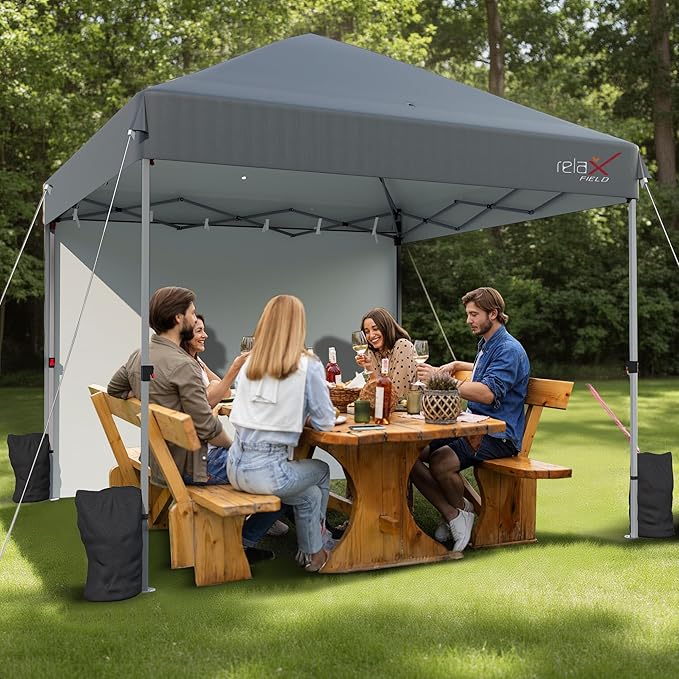 10x10 Outdoor Folding Canopy Tent with 1 Sidewall Easy Up Outdoor Shelter with One Person Set Up Center Lock Portable Patio Screen Tent for Camping Party Beach and Picnic Grey
