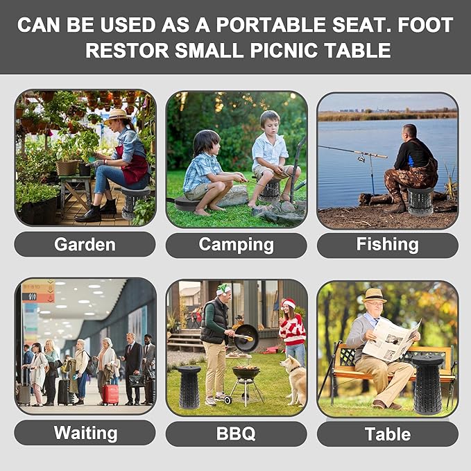 Upgraded Collapsible Stool with Cushion 880Lbs Max Weight Portable Folding Height Adjustable Lightweight Retractable Telescoping Stool for Camping Outdoors Fishing Hiking Travel BBQ with Carry Bag