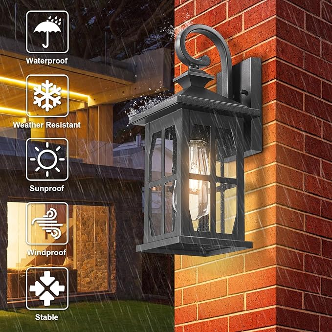 Darkaway Outdoor Light Fixtures Wall Mount Outdoor Wall Lights Exterior Lighting Fixtures Waterproof Black Outside Wall Sconce with Seeded Glass for House Porch Hallway Garage Front Door