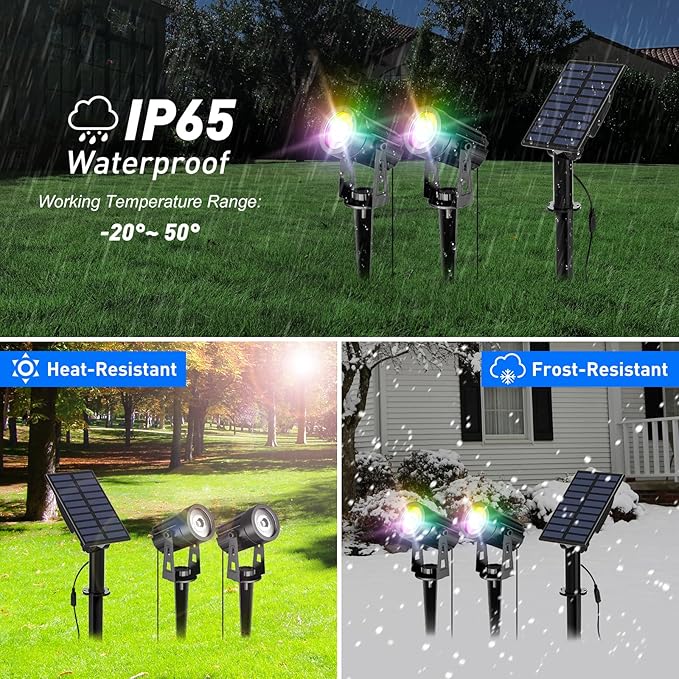 T-SUN Color Changing Solar Lights for OutsideSolar Spot Lights Outdoor Waterproof Dual Head LED Landscape Spotlights for Garden Pond Yard Trees Pathway(RGB)