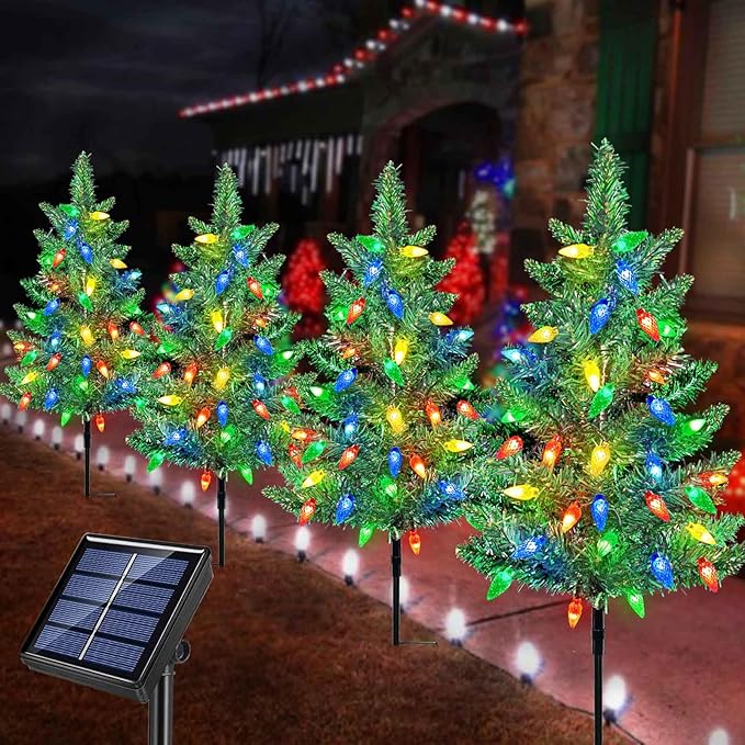 Upgraded 4-Pack Solar Christmas Garden Stake Lights Decorative Xmas Tree Solar Christmas Yard Stake Outdoor Waterproof Pathway Lights for Garden Patio Yard Decorations