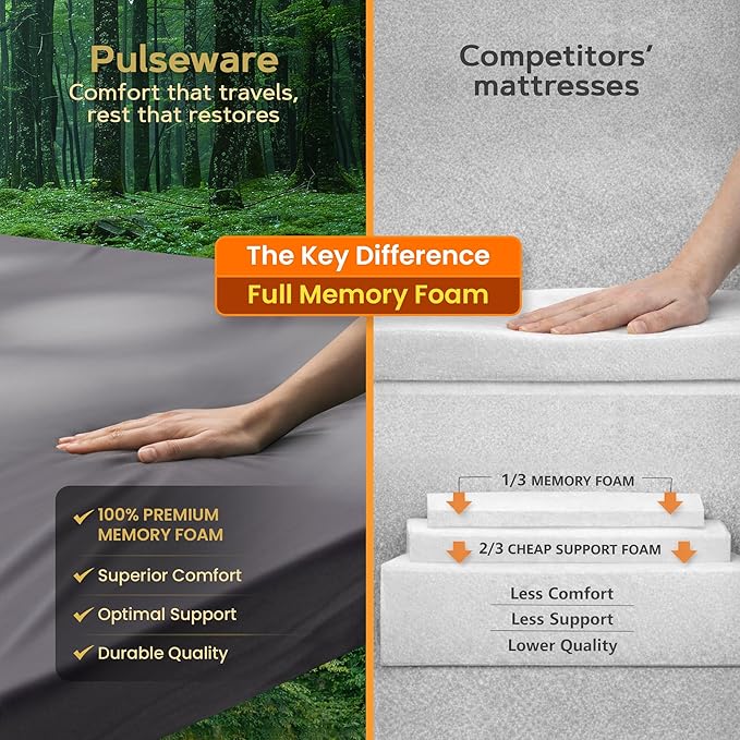 100% Pure Roll Up Memory Foam Camping Mattress with Waterproof Cover &amp Phone Pocket – Portable 3inch CertiPUR-US Sleeping Pad with Travel Bag for Camping Car Tent SUV Pets Guest Bed