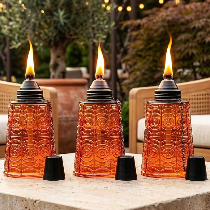 Seraphic Citronella Table Top Torches for Outdoor Patio 16oz Decorative Glass Torch Citronella Candles for Outside Deck Garden Parties Set of 3 Amber