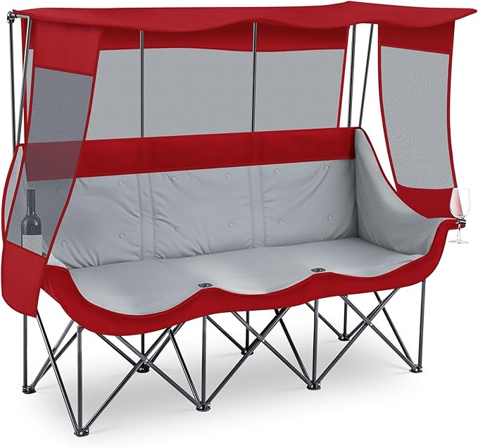 3 Person Camping Chair with Canopy Shade 700lbs Heavy Duty Oversized Beach Camping Chair with Thick Cushion Cup Holder and Carry Bag Foldable Portable Sofa for Lawn Beach Outdoor(Dark Red)