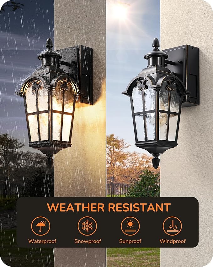 EDISHINE Motion Sensor Outdoor Lights Porch Light with GFCI Outlet Exterior Lighting Fixtures Dusk to Dawn Outside Wall Sconce with Water Ripple Glass Wall Mount Lantern Lamp for House Garage