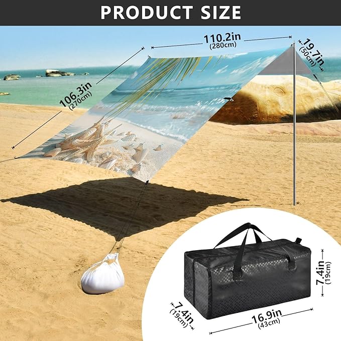 Sunny Beach Scene Beach Tent Sun Shelter 9.2' x 10.5' Beach Canopy with 4 Sandbags 4 Stability Poles Sand Shovels - Tent Canopy for Beach Camping Fishing Picnics