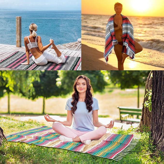 Peryiter 9 Pcs Mexican Blanket Bulk Large Yoga Blanket Striped Falsa with Fringed for Outdoor Beach Picnic Couch 45 x 70 inch(Pastel Colors)