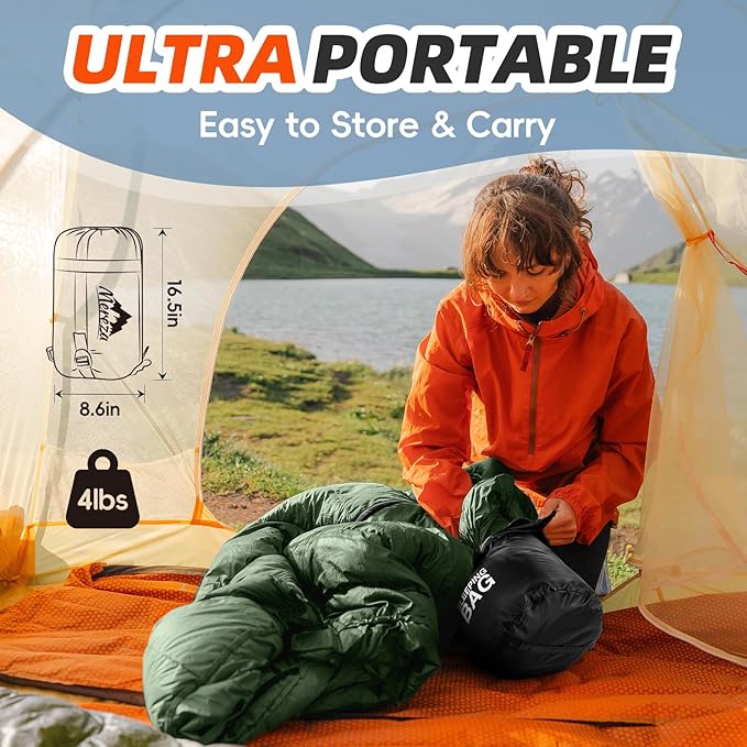 MEREZA Sleeping Bags for Adults Cold Weather Mens Warm Sleeping Bag for Big and Tall Girls Boys with Compression Sack for 3-4 Season Camping Backpacking Hiking