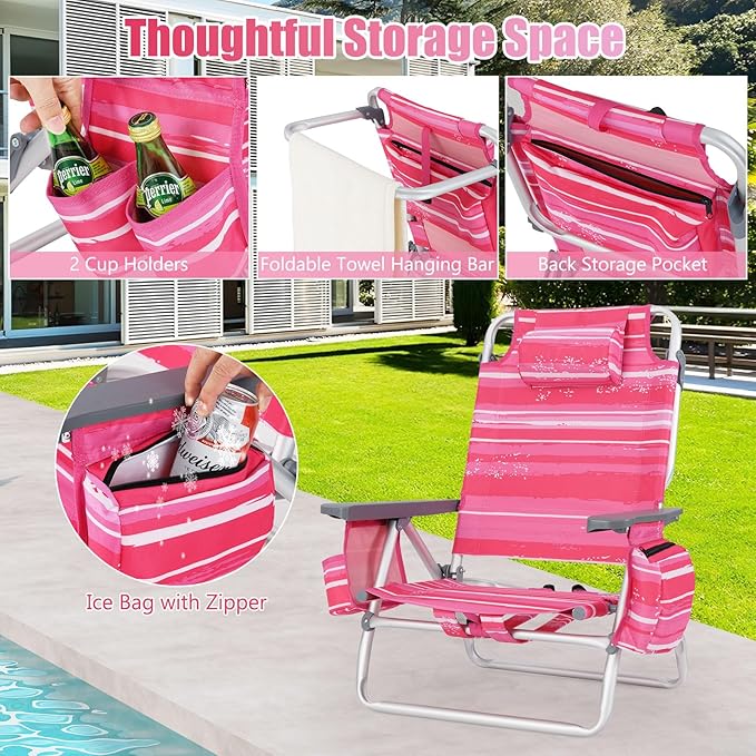 GYMAX Beach Chairs Backpack Camping Chair with Armrest Cooler Bag Cup Holder Towel Bar &amp Side Pockets Sunbath Sling Tanning Lounge Folding Layout Chair (Without Table Pink Stripe)