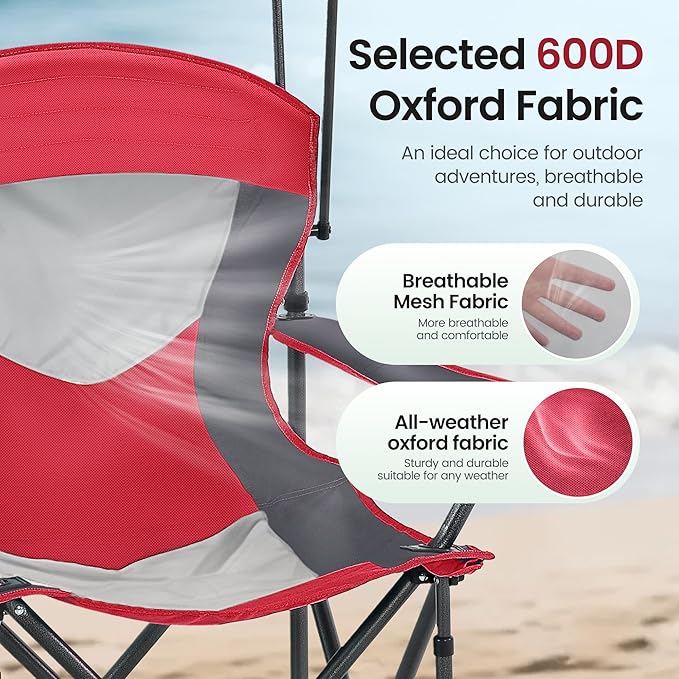 HIGH POINT SPORTS Camping Chairs with Shade Heavy Duty Canopy Lounge Chair Sunshade Hiking Travel Chair with Cup Holder for Outdoor Camping Beach and Patio Red