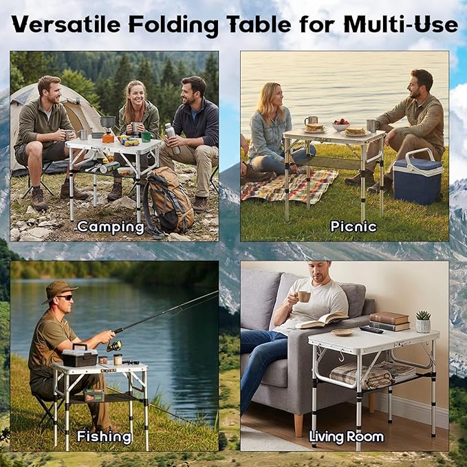 Folding Camping Table Aluminum 24 x 16 Adjustable Height Max 27.5 with Carrying Handle Lightweight Portable Camping Table for Outdoor Indoor Picnic Beach Silver